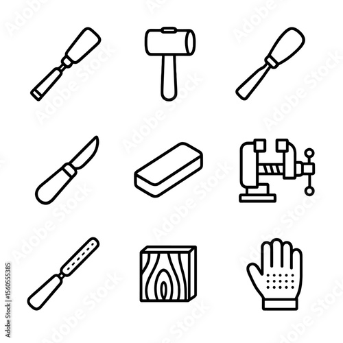 Wood Carving Tools Set. Outline icon set of wood carving tools: carving chisel, mallet, gouge, carving knife, sharpening stone,