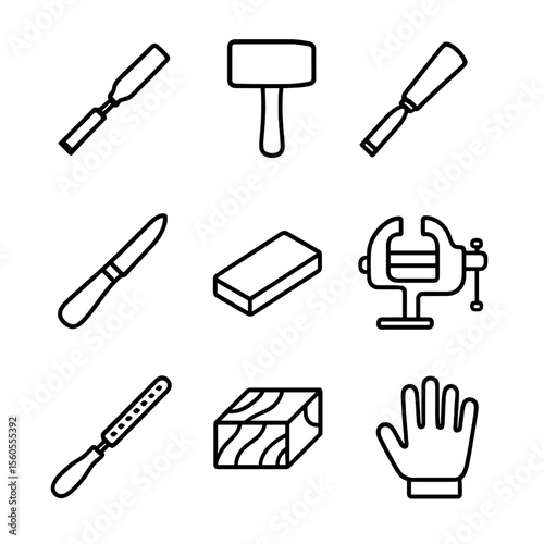 Wood Carving Tools Set. Outline icon set of wood carving tools: carving chisel, mallet, gouge, carving knife, sharpening stone,