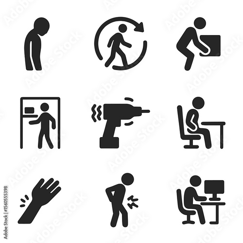Ergonomic Hazard Icons. Flat icon set of ergonomic hazard evaluation: poor posture silhouette, repetitive motion arrow, heavy