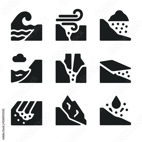 Erosion Types Icons. Solid, filled icon set of erosion types: water erosion, wind erosion, soil erosion, coastal erosion, gully
