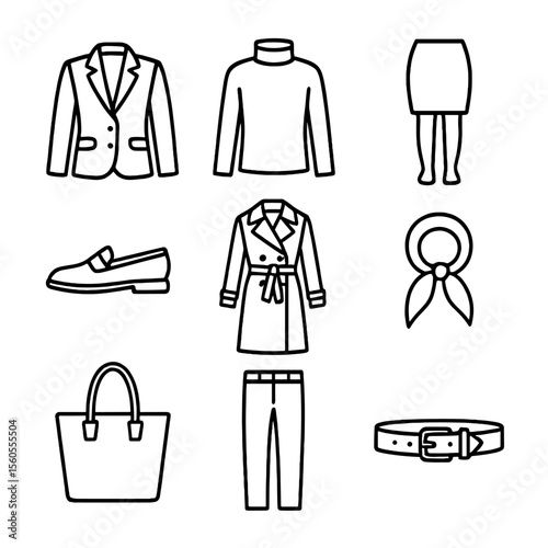 Work-Ready Winter Icons. Outline icon set of work-appropriate winter attire: tailored wool blazer, cashmere turtleneck, pencil