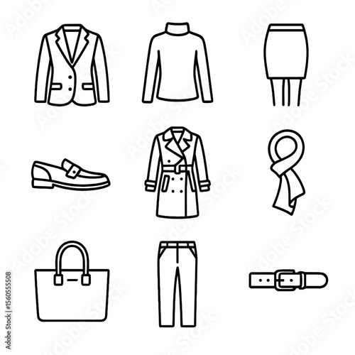 Work-Ready Winter Icons. Outline icon set of work-appropriate winter attire: tailored wool blazer, cashmere turtleneck, pencil