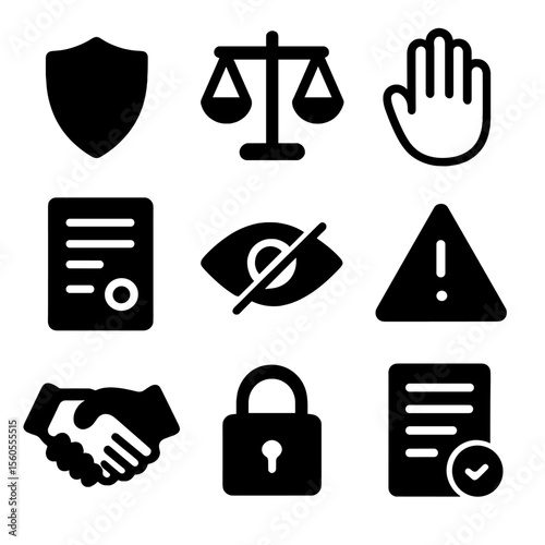 Ethical Icon Set. Solid, filled icon set of ethical considerations: shield, scales of justice, hand stop, legal document, eye with