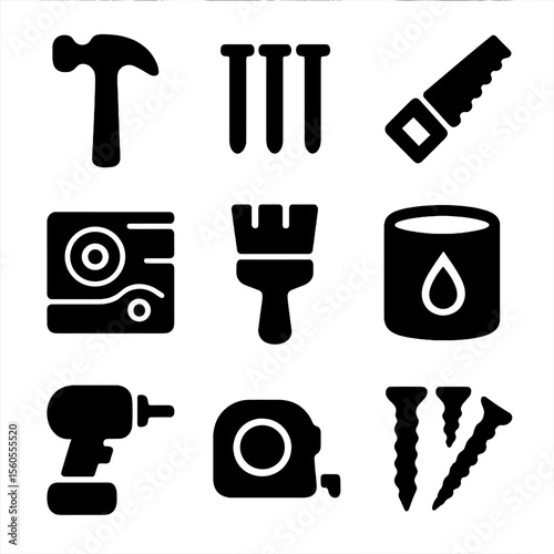 Woodworking Tools Icons. Solid, filled icon set of wooden fence tools and materials: hammer, nails, saw, wooden plank, paintbrush,