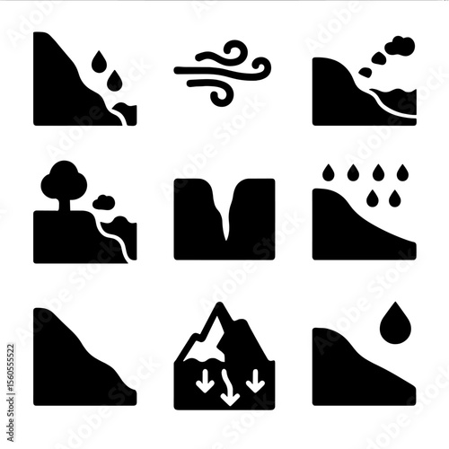 Erosion Types Icons. Solid, filled icon set of erosion types: water erosion, wind erosion, soil erosion, coastal erosion, gully