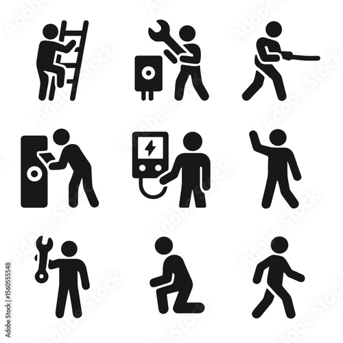 Worker Icon Set. Solid, filled icon set of worker posture and actions: climbing ladder, wrench tightening, cable pulling,