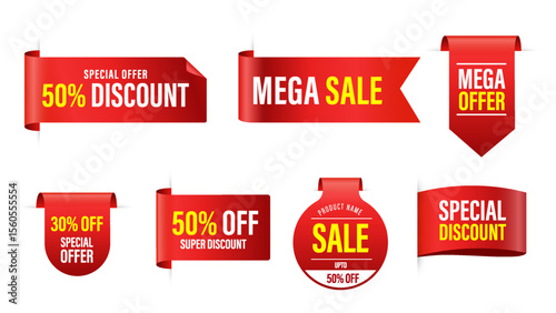 Offer tag collection featuring sale and new labels. Includes red scrolls, banners, discount ribbons, shopping tags, and promotional icons.