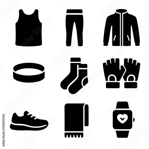 Workout Essentials Icons. Solid, filled icon set of workout apparel essentials: tank top, compression leggings, sports jacket,