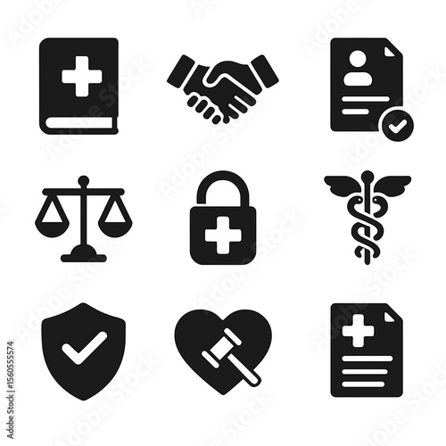 Ethical Medical Icon Set. Solid, filled icon set of ethical medical practice worldwide: medical ethics book, handshake agreement,