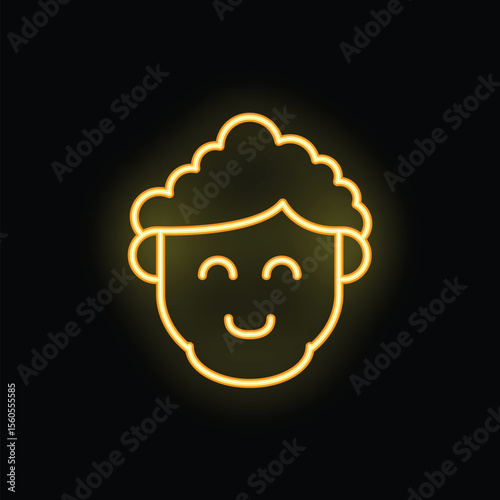 Neon sign is shining on a black background, depicting a cartoon face with closed eyes and a happy smile