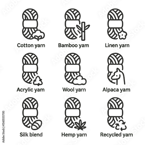 Yarn Icon Collection. Outline icon set of crochet yarn materials: cotton yarn, bamboo yarn, linen yarn, acrylic yarn, wool yarn,