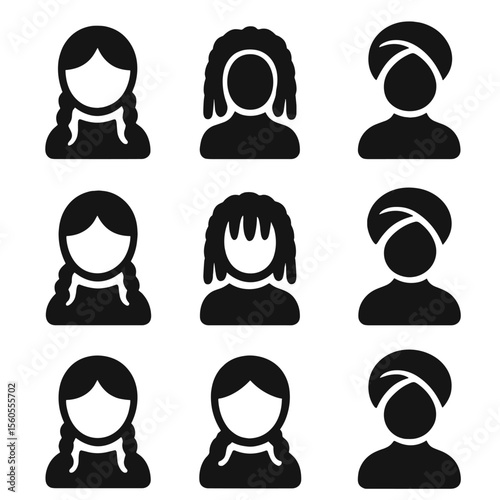 Ethnic Hairstyle Dolls. Solid, filled icon set of ethnic hairstyle dolls: braids, dreadlocks, traditional headdress. Solid, filled