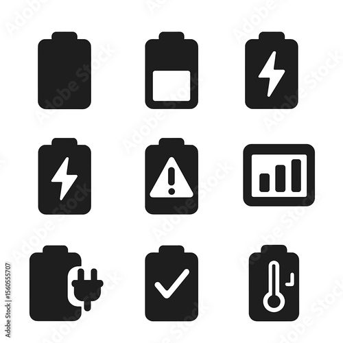 EV Battery Icons. Solid, filled icon set of EV battery status: battery full, battery low, charging in progress, charging paused,