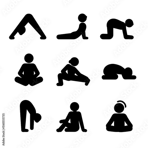 Yoga Poses Icons. Solid, filled icon set of stretching poses: downward dog, cobra, cat-cow, butterfly, side lunge, child's pose,