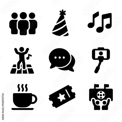 Youth Social Icons. Solid, filled icon set of youth social life: group of friends, party hat, music notes, dance floor,
