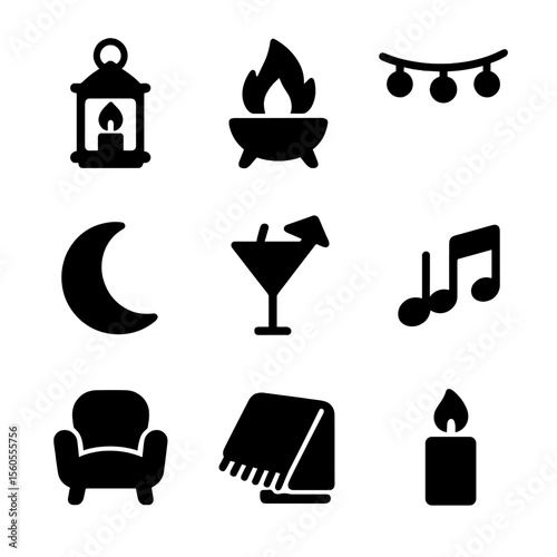 Evening Poolside Icons. Solid, filled icon set of evening poolside ambiance: lantern, fire pit, string lights, candle, moon,