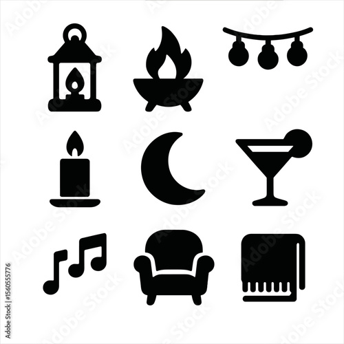 Evening Poolside Icons. Solid, filled icon set of evening poolside ambiance: lantern, fire pit, string lights, candle, moon,
