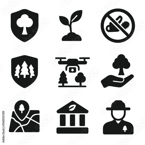 Zero Deforestation Icons. Solid, filled icon set of zero deforestation efforts: tree icon with shield, reforestation sapling, no