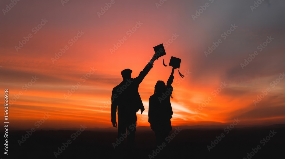 Fototapeta premium Silhouettes of two graduates celebrating against a vibrant sunset sky featuring graduates, sunset, silhouettes
