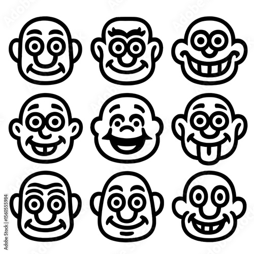 Exaggerated Face Icons. Solid, filled icon set of funny faces with exaggerated features: big eyes, large nose, wide mouth, bushy
