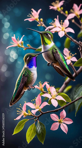 Mystic Hummingbirds on Dogwood Blooms in Ethereal Garden Twilight

