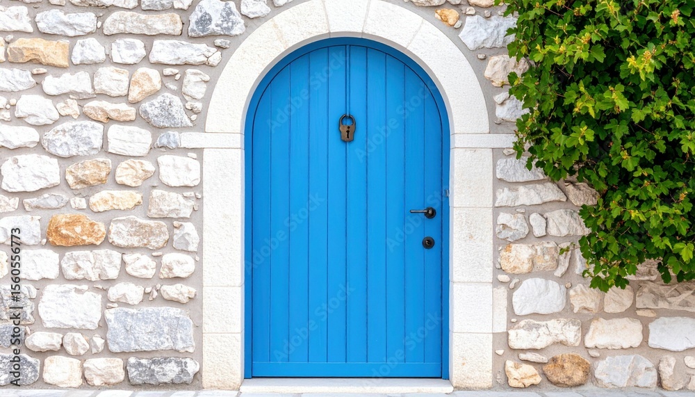 Fototapeta premium Old blue door or gate in stone wall, locked