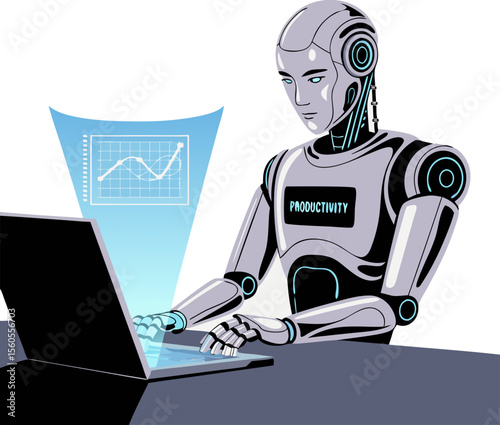 Funny blue 3D cartoon robot character with a laptop computer, symbolizing future technology and business