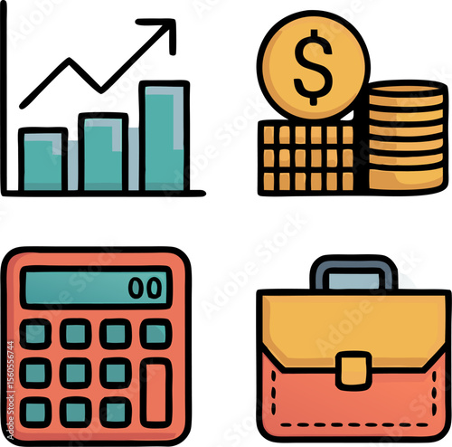 A vector set of business finance icons illustrates financial success with symbols of money, gold, charts, and investment