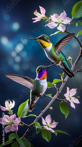 Mystic Hummingbirds on Dogwood Blooms in Ethereal Garden Twilight

