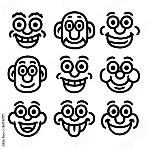 Exaggerated Face Icons. Solid, filled icon set of funny faces with exaggerated features: big eyes, large nose, wide mouth, bushy