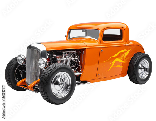 Side view of bright orange hot rod with yellow flame design, isolated on white background