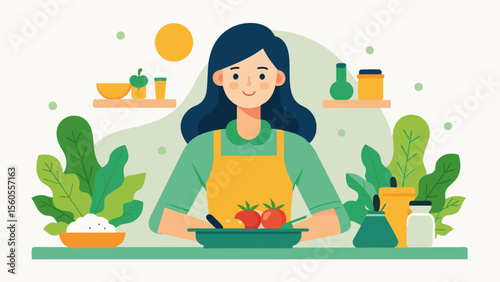 A woman attends a cooking class focused on plantbased meals excited to learn new ways to incorporate more nutrientdense foods into her everyday eating habits.. Vector illustration
