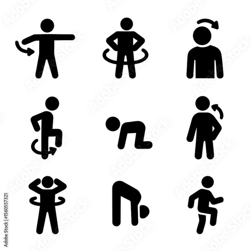 Exercise Icon Set. Solid, filled icon set of mobility and warm-up drills: arm swing, hip circle, neck roll, ankle rotation,