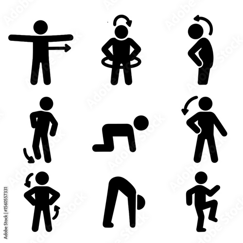 Exercise Icon Set. Solid, filled icon set of mobility and warm-up drills: arm swing, hip circle, neck roll, ankle rotation,