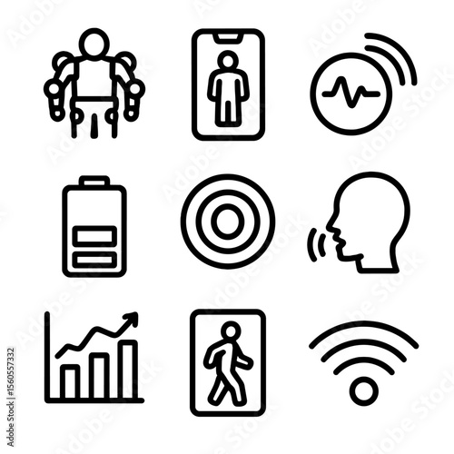 Exoskeleton Interface Icons. Solid, filled icon set of Exoskeleton user interface and control: wearable controller, smartphone app