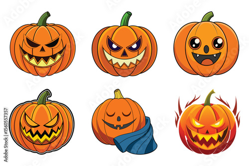 Halloween pumpkin vector set with scary and funny faces