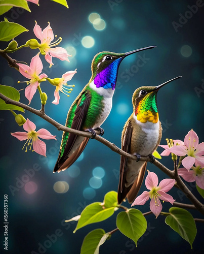 Mystic Hummingbirds on Dogwood Blooms in Ethereal Garden Twilight

