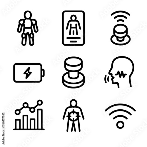 Exoskeleton Interface Icons. Solid, filled icon set of Exoskeleton user interface and control: wearable controller, smartphone app