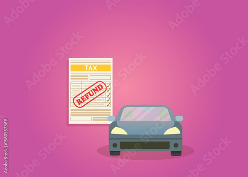 Car with refund tax bill.Tax return car export.Vector illustration
