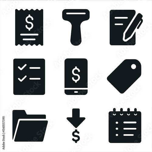Expense Tracking Icons. Solid, filled icon set of expense tracking: receipt, barcode scanner, pen on paper, checkmark list,