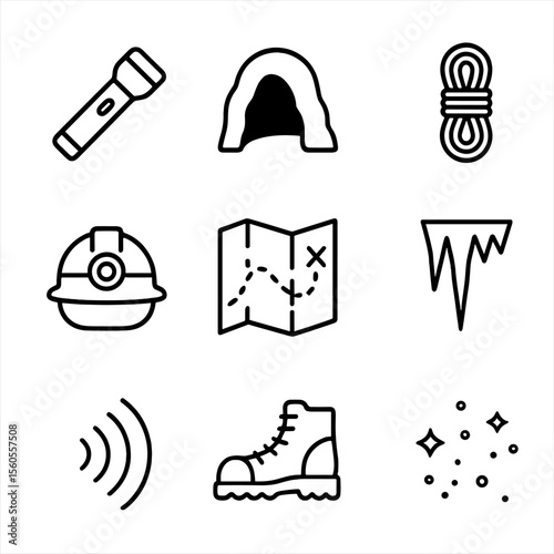 Exploration Icon Set. Outline icon set of exploration in darkness: flashlight beam, cave entrance, rope coil, helmet lamp, map