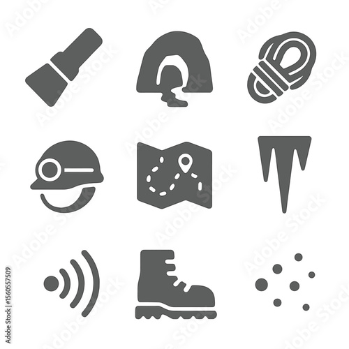 Exploration Icon Set. Flat icon set of exploration in darkness: flashlight beam, cave entrance, rope coil, helmet lamp, map sketch