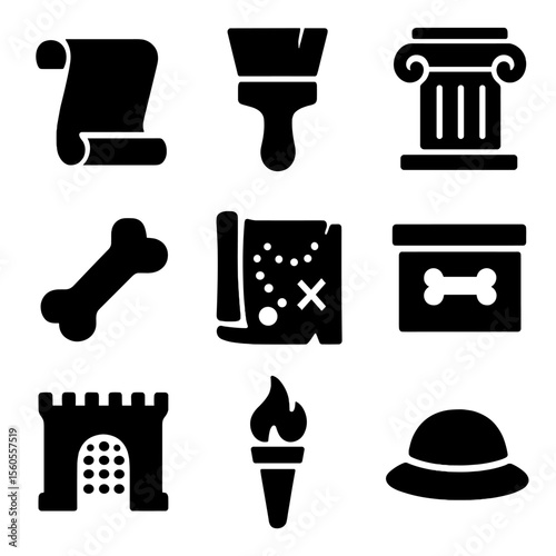 Exploring History Icons. Solid, filled icon set of exploring history: ancient scroll, archeology brush, museum pillar, fossil bone