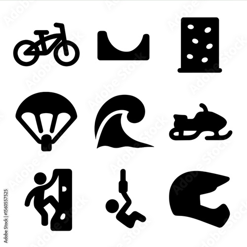 Extreme Sports Icons. Solid, filled icon set of extreme sports: BMX bike, skate ramp, climbing wall, parachute, surf wave,