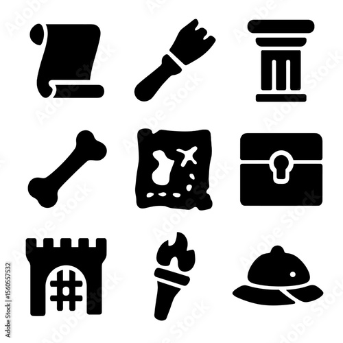 Exploring History Icons. Solid, filled icon set of exploring history: ancient scroll, archeology brush, museum pillar, fossil bone