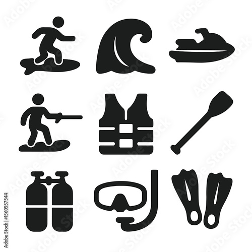 Extreme Water Sports Icons. Solid, filled icon set of extreme water sports: surfer, wave crest, jet ski, wakeboard, life vest,