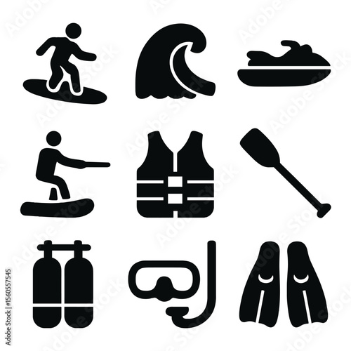Extreme Water Sports Icons. Solid, filled icon set of extreme water sports: surfer, wave crest, jet ski, wakeboard, life vest,