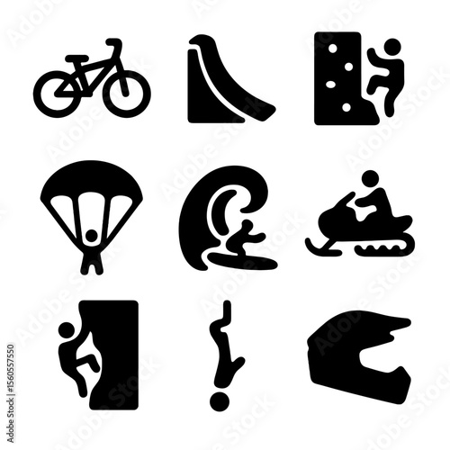 Extreme Sports Icons. Solid, filled icon set of extreme sports: BMX bike, skate ramp, climbing wall, parachute, surf wave,