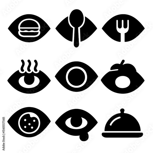 Eye Food Icons. Solid, filled icon set of eye and food concepts: eye with burger, eye with spoon, eye with fork, eye and steam,