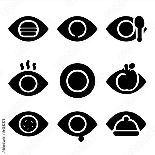 Eye Food Icons. Solid, filled icon set of eye and food concepts: eye with burger, eye with spoon, eye with fork, eye and steam,